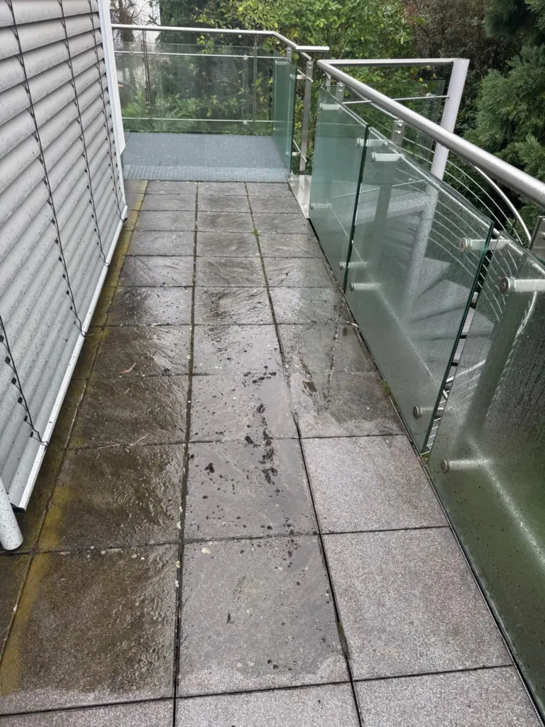 Balkonplatten mit dunklem Belag und Grünschleier vor der Reinigung