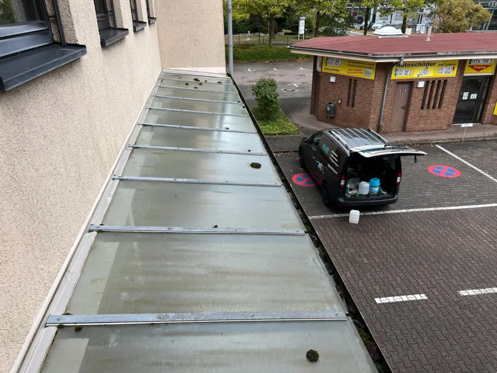 Verschmutztes Glasvordach eines Gewerbegebäudes von oben, mit Moosresten